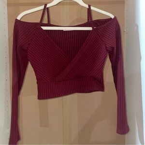 Maroon Red V-Neck Shoulder Cut Out Long Sleeve Crop Top